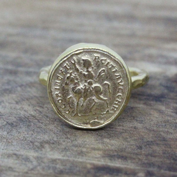 Handmade Antique Roman Coin,  Signet Sterling Silver Ring, 24k Gold Over Coin Ring, Antique Silver Jewelry, Ancient Greek Coin Silver Ring,