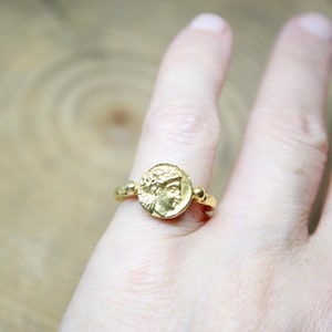 Handmade Antique Roman Coin,  Signet Sterling Silver Ring, 24k Gold Over Coin Ring, Antique Silver Jewelry, Ancient Greek Coin Silver Ring,