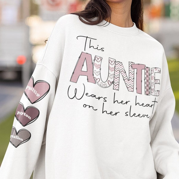 This auntie wears her heart on her sleeve, Valentine's day, Mother's day, doodle hearts, Sublimation, Design Digital download, Shirt, PNG