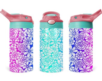 Ombre floral flower kid flip top sublimation tumbler design PNG digital download kid cup tapered and straight