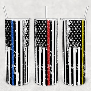 May include: Three stainless steel tumblers with a distressed American flag design and a thin line of glitter in blue, red, and yellow.