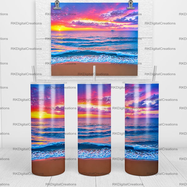 Bright beach sunset, pink sunset, beach sand, 20 oz Skinny Tumbler Sublimation Design Template Download PNG DIGITAL download 20oz wrap