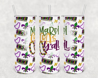 30 oz Skinny Tumbler Sublimation Design Template Download PNG DIGITAL 20oz wrap Mardi Gras Yall beads masks