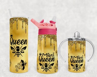 Queen bee, mini bee, glitter honey tumbler sippy bundle mommy and me Skinny Sublimation Design Template Download PNG DIGITAL 20oz flip top