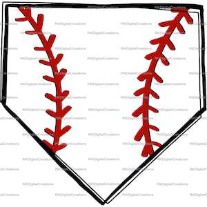 May include: A black and white baseball home plate with a red baseball stitch design in the center.