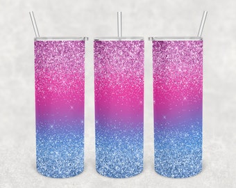 Pink and blue glitter ombre 20 oz Skinny Tumbler Sublimation Design Download PNG DIGITAL Seamless wrap