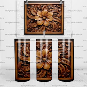 3D carved wooden plumeria, 3D tropical flower, wood 20 oz Skinny Tumbler Sublimation Design Template Download PNG DIGITAL download 20oz wrap
