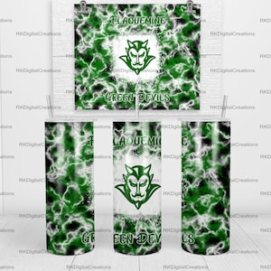 May include: Three white tumblers with a green and black marbleized design. The tumblers feature a green devil mascot with the text "PLAQUEMINE GREEN DEVILS".