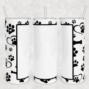 20 oz Skinny Tumbler Sublimation Design Template Download PNG DIGITAL Paw print seamless black and white glow in the dark 20oz wrap