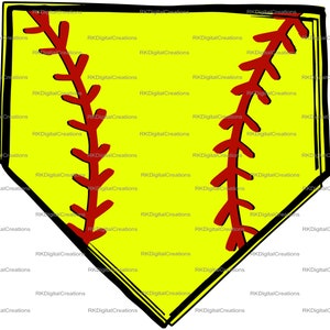 May include: A yellow baseball home plate graphic with red stitching and a black outline. The image is a digital illustration of a baseball-themed design.