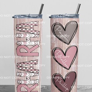 May include: Two personalized 20 oz. stainless steel tumblers with lids and straws. One features the name "Maria" in pink and plaid letters. The other has three hearts with names "Payton", "Phallen", and "Phillip".