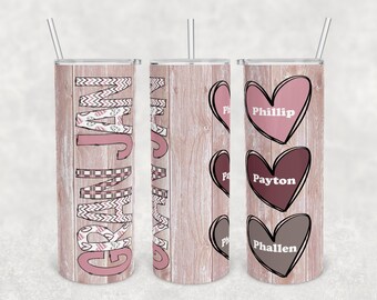 Gran Jan doodle hearts add names and hearts, Mother's day, 20 oz Skinny Tumbler Sublimation Design Template Download PNG DIGITAL 20oz wrap