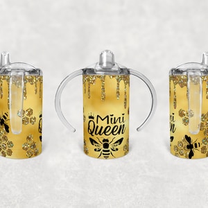 Mini queen bee, glitter honey drip, kid sippy cup sublimation tumbler design PNG digital download sippy