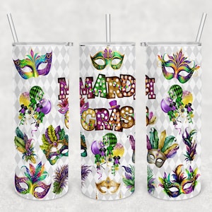 Mardi Gras marquee, purple green gold glitter, masquerade mask 20 oz Skinny Tumbler Sublimation Design Template Download PNG DIGITAL wrap