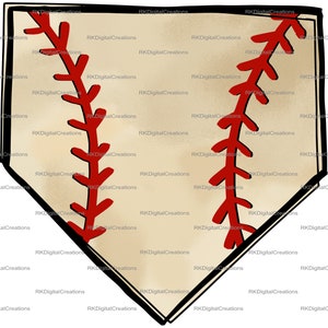 May include: A brown baseball home plate with a white baseball stitched in red. The baseball is in the center of the home plate.