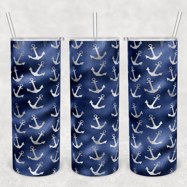 20 oz Skinny Tumbler Sublimation Design Template Download PNG DIGITAL Anchor pattern navy blue and silver seamless wrap 20oz