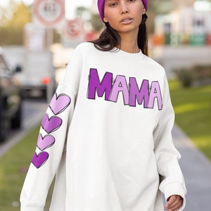 Shades of purple doodle MAMA, Mother&#39;s day, doodle hearts on sleeve, Sublimation, Design Digital download, Shirt, PNG