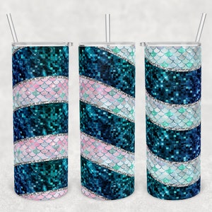 20 oz Skinny Tumbler Sublimation Design Template Download PNG DIGITAL seamless wrap 20oz glitter teal mermaid wave scales iridescent