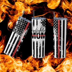 Firefighter mom thin red line flag distressed glitter 20 oz Skinny Tumbler Sublimation Design Download PNG DIGITAL Seamless wrap 20oz