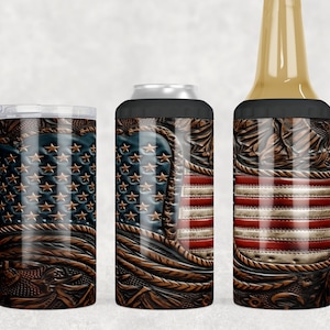 型押しレザーの西部アメリカ国旗、4 in 1 金属製缶ホルダー、細缶、レギュラー缶、ビール瓶、昇華デザイン デジタル ダウンロード PNG