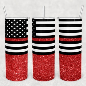 20 oz Skinny Tumbler Sublimation Design Template Download PNG DIGITAL Firefighter thin red line flag red glitter Seamless wrap 20oz