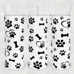 20 oz Skinny Tumbler Sublimation Design Template Scarica PNG DIGITAL Paw stampa senza cuciture in bianco e nero bagliore nel buio 20oz wrap