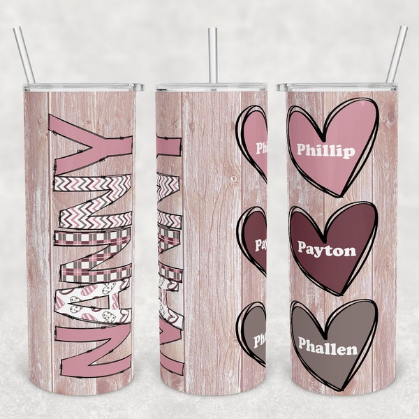 Nanny doodle hearts add names and hearts, Mother's day, 20 oz Skinny Tumbler Sublimation Design Template Download PNG DIGITAL 20oz wrap