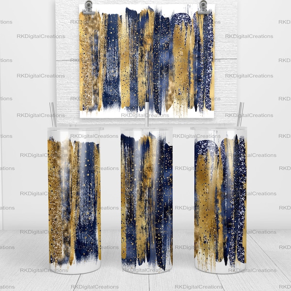 Navy blue and gold paint brush stroke glitter seamless download 20oz wrap 20 oz Skinny Tumbler Sublimation Design Template PNG DIGITAL