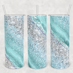 20 oz Skinny Tumbler Sublimation Design Template Download PNG DIGITAL teal and silver glitter milky way 20oz wrap seamless