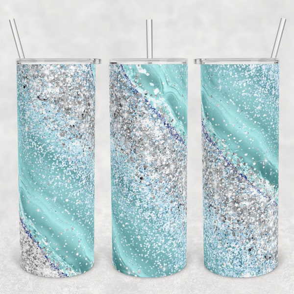 20 oz Skinny Tumbler Sublimation Design Template Download PNG DIGITAL teal and silver glitter milky way 20oz wrap seamless