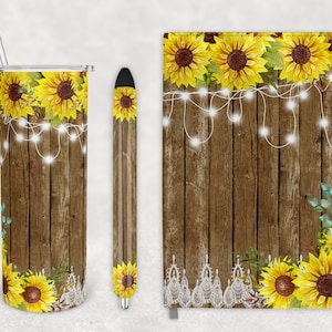 May include: A set of three personalized items featuring a rustic wood background with sunflowers, string lights, and lace. The set includes a tumbler, a pen, and a phone case.