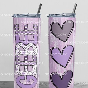 May include: Two purple and white patterned stainless steel tumblers with lids and straws. One tumbler has the word "Grateful" written in a purple plaid pattern. The other tumbler has a pattern of purple hearts.