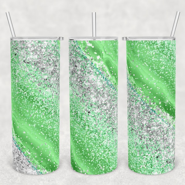 20 oz Skinny Tumbler Sublimation Design Template Download PNG DIGITAL green and silver glitter milky way 20oz wrap seamless