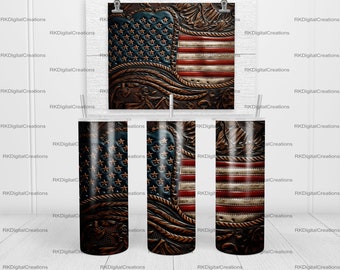 Tooled leather American flag, cowboy western rustic 20 oz Skinny Tumbler Sublimation Design Template Download PNG DIGITAL download 20oz wrap