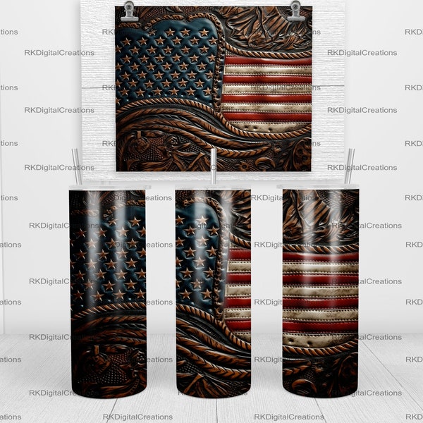 Tooled leather American flag, cowboy western rustic 20 oz Skinny Tumbler Sublimation Design Template Download PNG DIGITAL download 20oz wrap