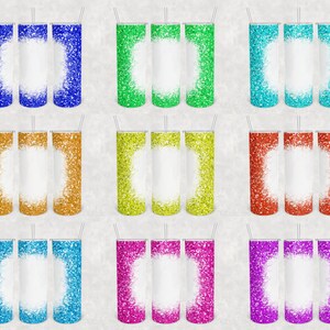 May include: Set of nine sublimation tumbler designs featuring a white center with a glitter border in various colors, including blue, green, yellow, orange, red, turquoise, and purple.