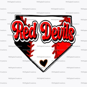 Puede incluir: Gráfico de temática de béisbol Red Devils con una pelota de béisbol roja y blanca y un corazón negro en el centro.
