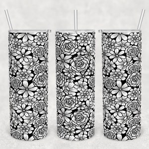 20 oz Skinny Tumbler Sublimation Design Template Download PNG DIGITAL black and white flowers glow in the dark 20oz wrap