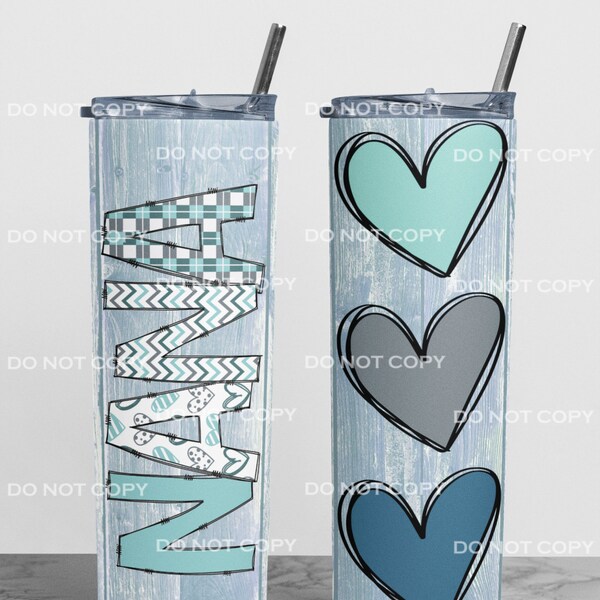 Nana doodle hearts teal blue add names and hearts, Mother's day, 20 oz Skinny Tumbler Sublimation Design Download PNG DIGITAL 20oz wrap