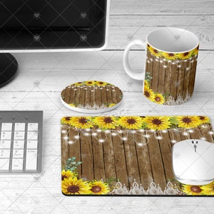 Wooden sunflower lights rustic southern country chic mousepad coaster coffee mug sublimation design bundle digital download PNG