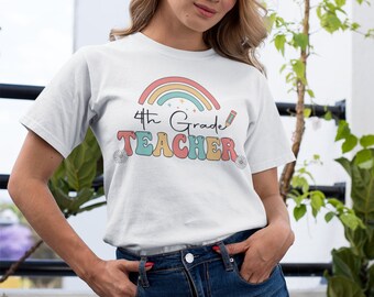 Fourth grade teacher retro vintage rainbow, teacher appreciation gift, back to school, Sublimation, Design Digital download, Shirt, PNG