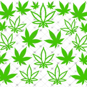 Può includere: Un design digitale con un motivo ripetitivo di foglie di marijuana verdi su uno sfondo bianco.