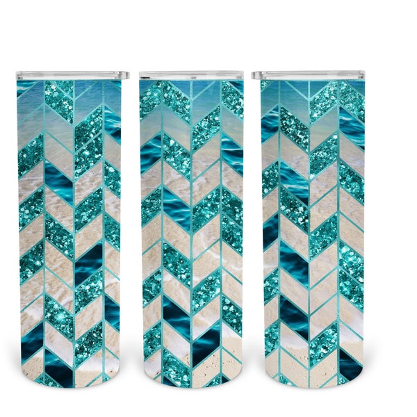 20 oz Skinny Tumbler Sublimation Design Template Download PNG DIGITAL Beach Tangram teal glitter chevron seamless  download 20oz wrap