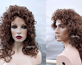 Unisex Very Sexy Long Curly NEW Wig.  Exotic Dancer .. Stripper .. French King .. Period Wig .. NICE!  Auburn 80's Retro