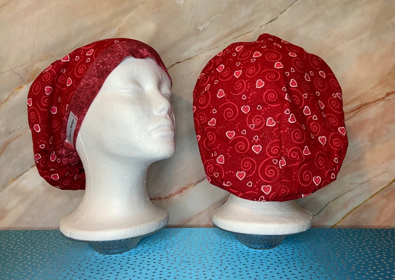Woman\u2019s Valentine\u2019s red hearts scrub cap with cordlock