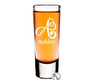 Engraved Shot Glass, Etched Shot Glass, 2oz Etched Shot Glass, Fancy Monogram Shot Glass, Personalized Engraved Heavy Base Shot Glass