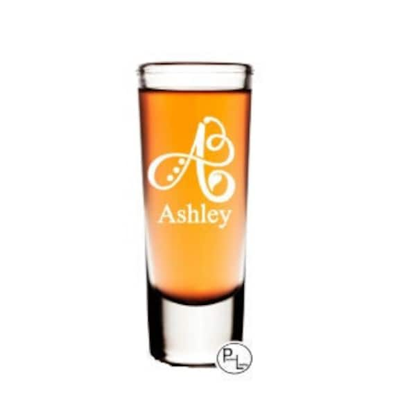 Engraved Shot Glass, Etched Shot Glass, 2oz Etched Shot Glass, Fancy Monogram Shot Glass, Personalized Engraved Heavy Base Shot Glass