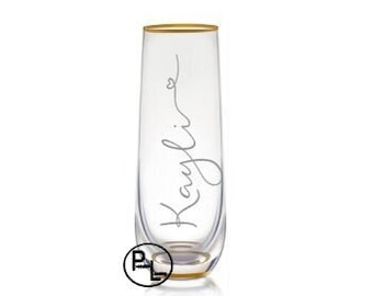 Engraved Champagne Glass, Gold Rim Etched Champagne Glass, Personalized Etched Glass, Personalized Engraved Stemless Champagne Glass Flute