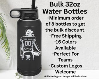 Football Water Bottle, Bulk Football Engraved Water Bottle, Etched Football Water Bottle, 16 Colors, Minimum Order 8 Bottles - Free Shipping