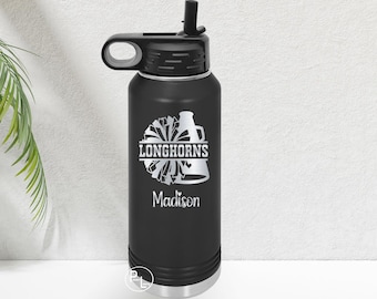 Cheer Water Bottle, Bulk Cheer Engraved Water Bottle, Etched Cheerleader Water Bottle, 16 Colors